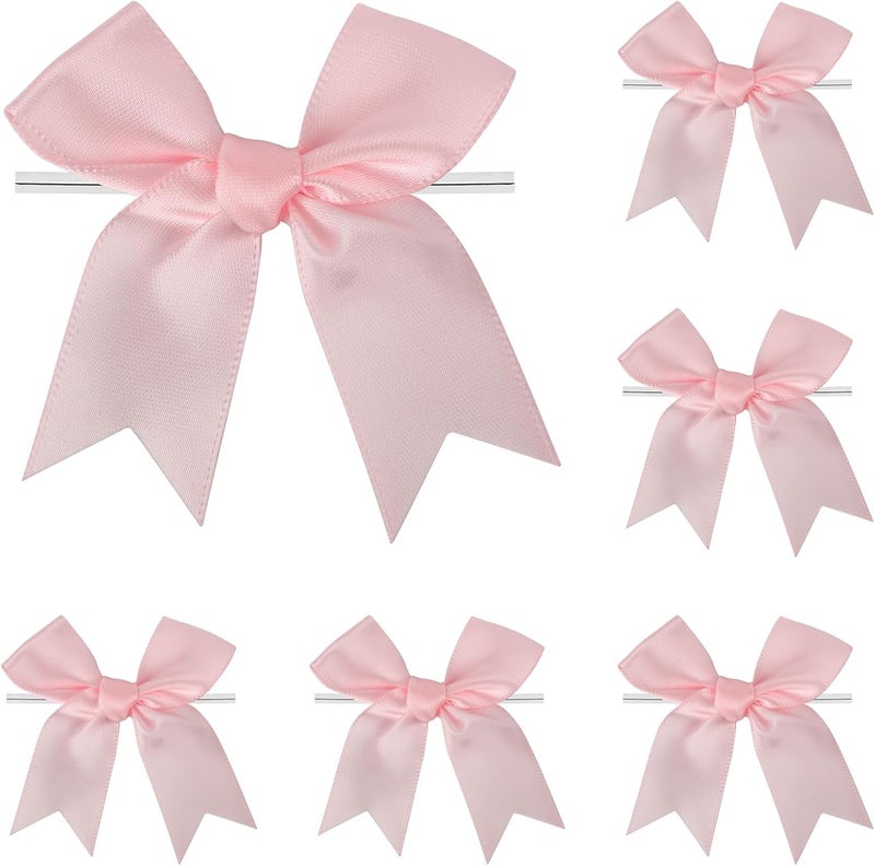 comosso Twist Tie Bows, Satin Ribbon Bows - 3 Inches, 50-Pack for Treat Bags Gift Wrapping Basket Crafts Wedding Baby Shower Brithday Christmas Party Decorations (Pink) - Image 1